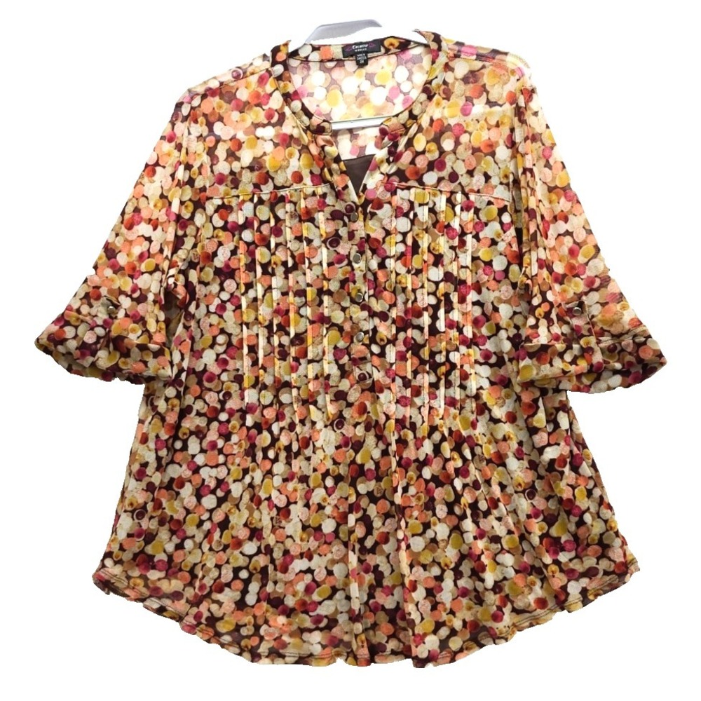 Cocomo Woman Abstract Print‎ Blouse Multicolor 2X Button Pockets Roll Tab Sleeve